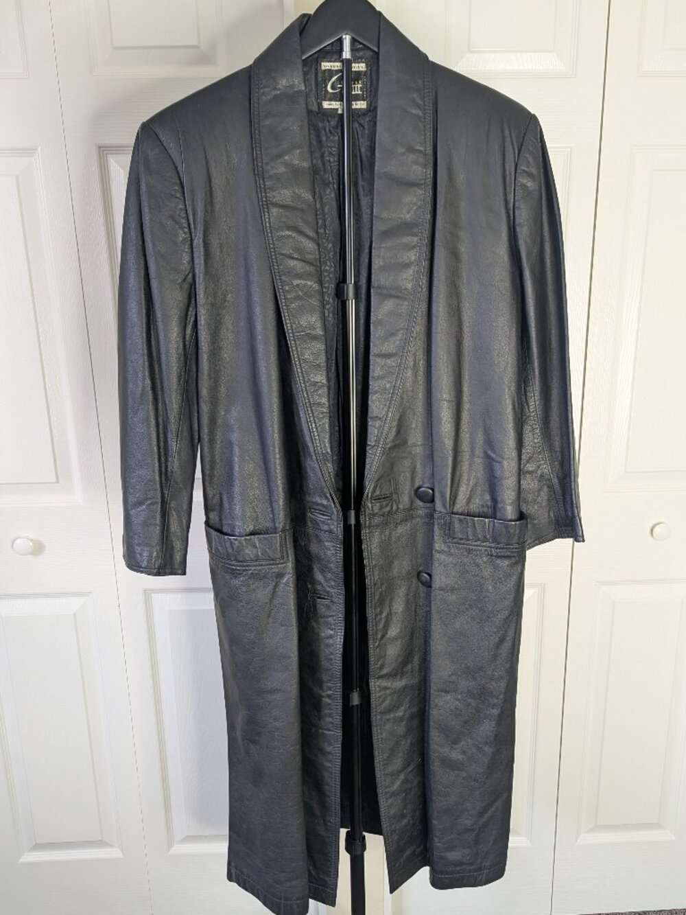 Vintage G-III Genuine Leather Long Duster Trench Coat Black Medium 48"